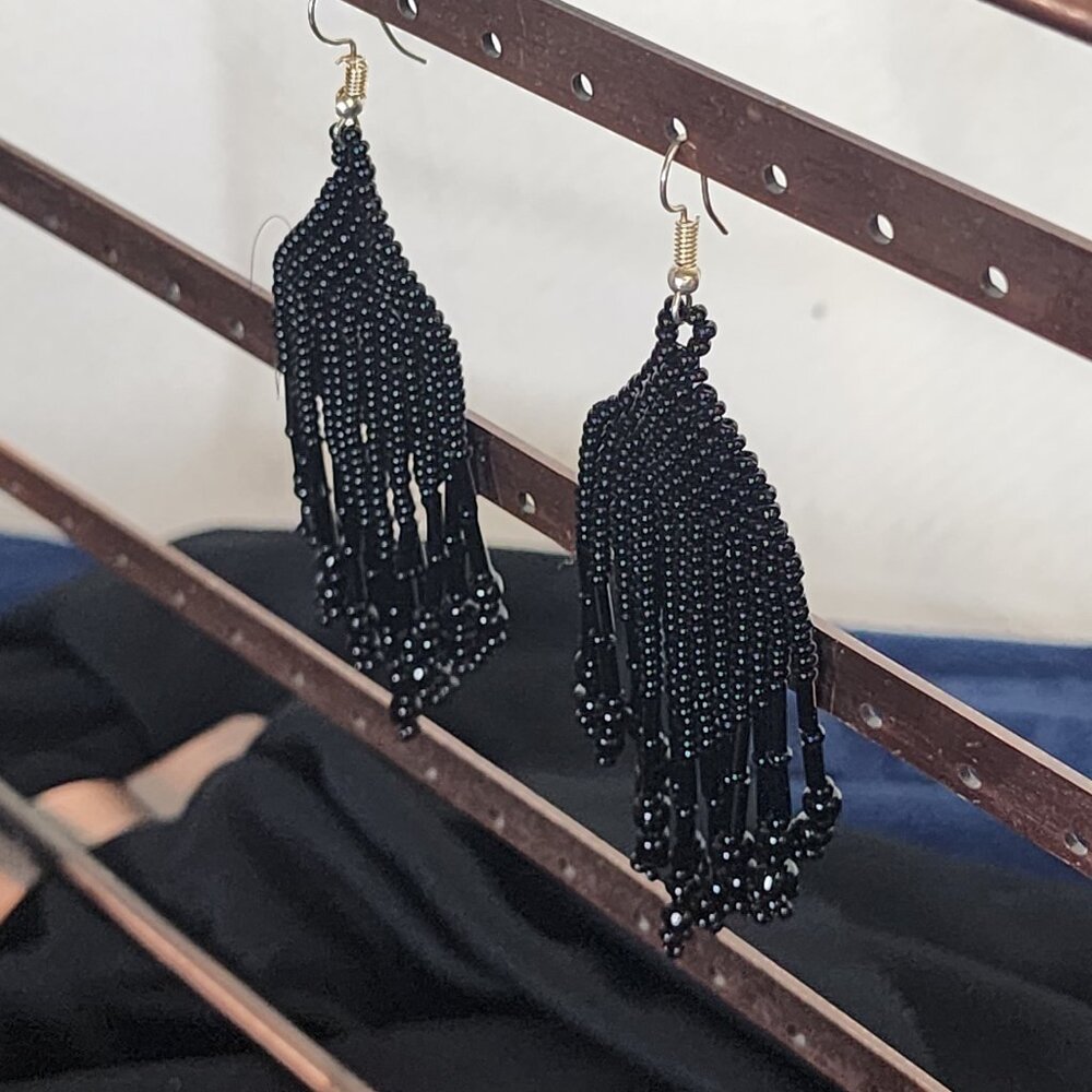 Coal Black Handmade Beaded Chandelier Shepard's Hook Earrings for Pierced Ears - Picture 12 of 16